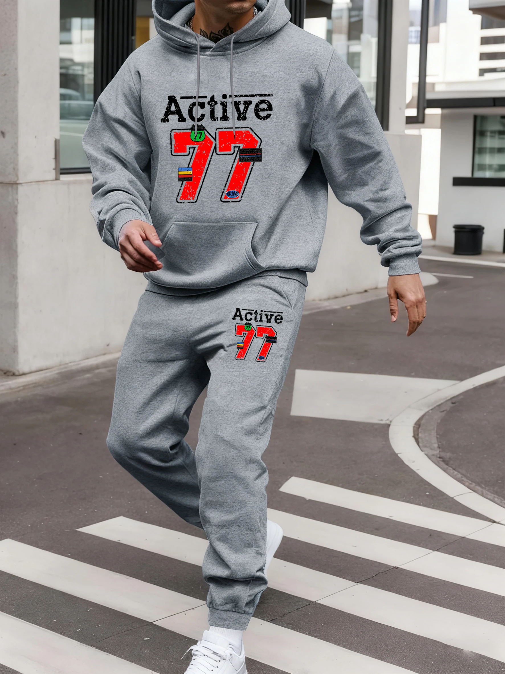 

Active Number 77 Creative Print Men Casual Jogging Pants Pocket Soft Hoodie Set Loose Fleece Sweatshirt Vintage Street Sweatpant