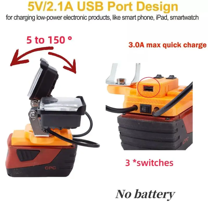 

LED Power Rechargeable Work Light Compatible With USB Fast Charging Adapter Port Camping Supplies 2 Lamp Heads For Hilti 22V