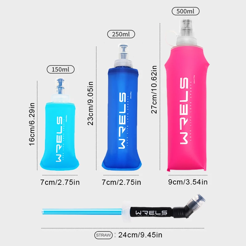 WRELS-bolsa de agua plegable, frasco suave de TPU sin BPA, botella de agua plegable para deportes al aire libre, senderismo, Camping, correr, bolsa