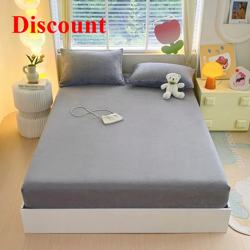 

New Milk Velvet Fitted Bed Sheets Bedspread Mattress Dust Cover Pure Color Suitable for Bedroom Warm Casual Bed Sheetss