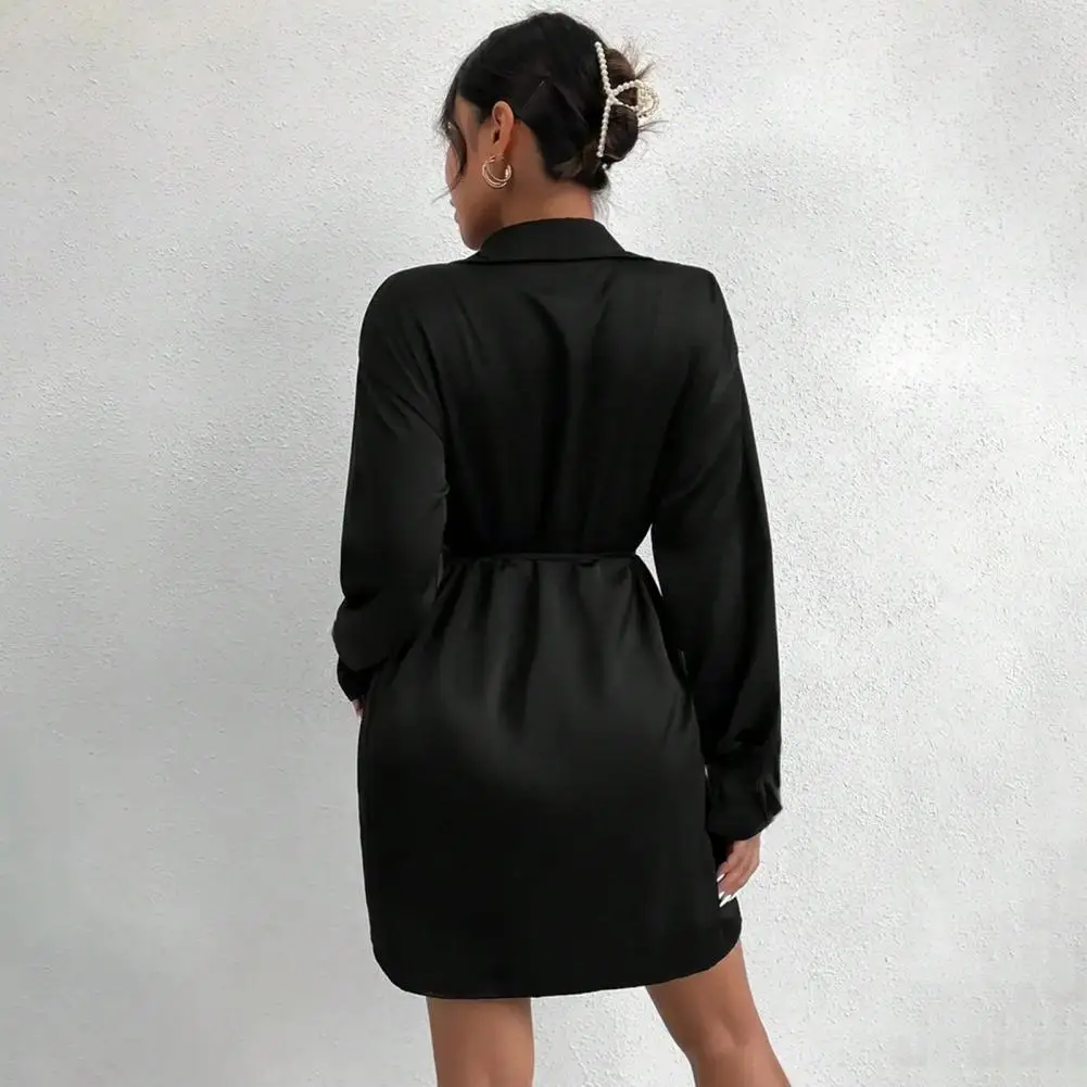 Vestido camisero de satén para mujer, vestido envolvente de manga larga con cuello en V, minivestido informal con lazo en la cintura, Falda corta para fiesta y club