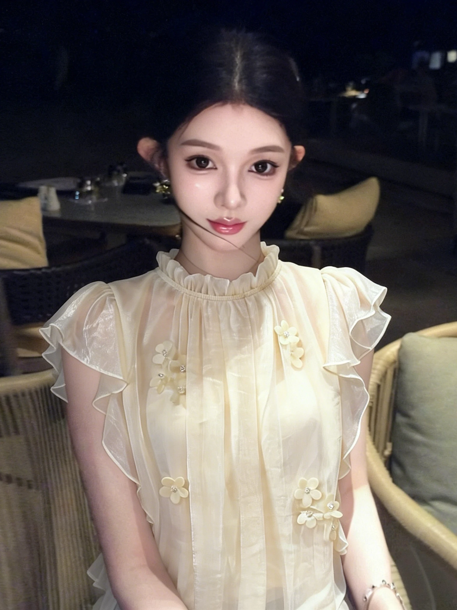 

Unique Design Short Sleeve Irregular Hem Lace Sleeve Women's Summer Top Stand Collar Chiffon Shirt Fairy Atmosphere Wood Ear ...