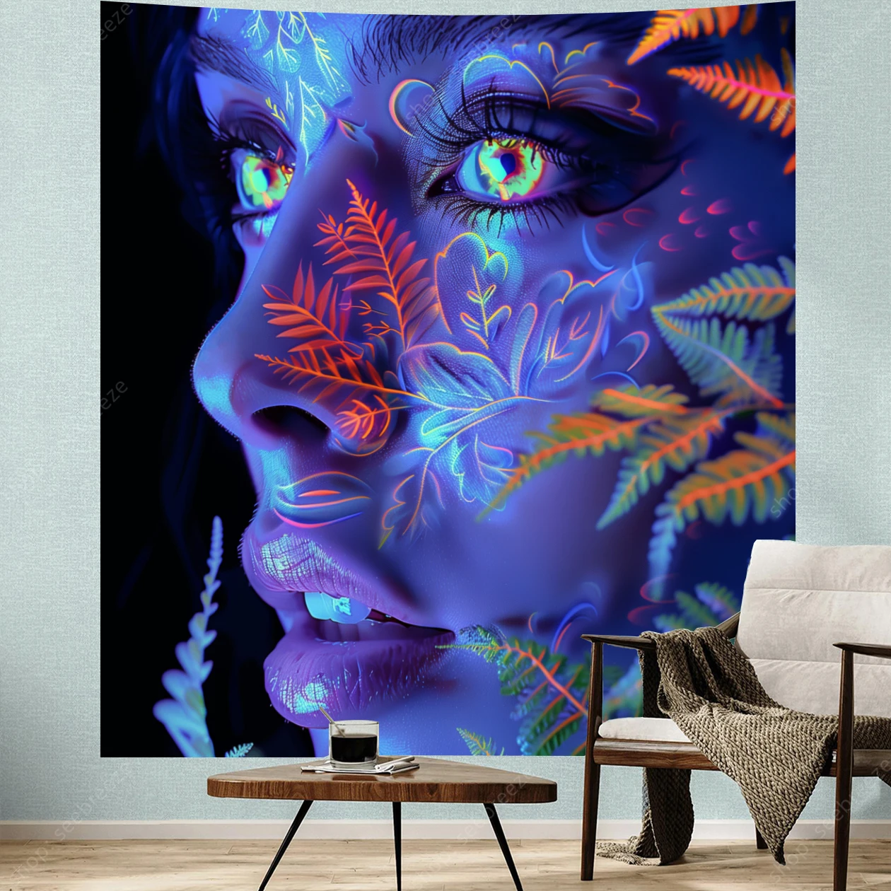 The Face of Beautiful Woman UV Reactive Tapestry Pteridophyte Neon Backdrop Wall Tapestry Room Decor Aesthetic Gift for Friends