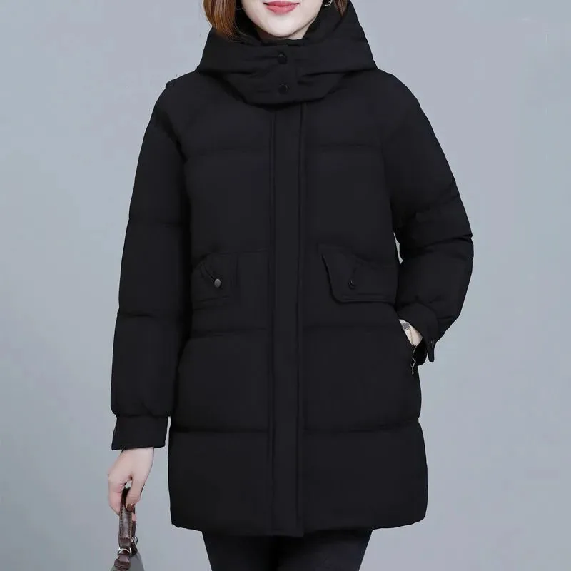 

Autumn Winter New Down Cotton Jacket Women Korean Mid Long Cotton-Padded Thicken Warm Hooded Parkas Coat Female Casual Lady Tops