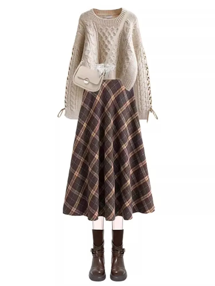 Otoño Invierno de talla grande traje de mujer falda a cuadros de cintura alta suéter de punto conjunto de dos piezas efecto adelgazante ropa Casual