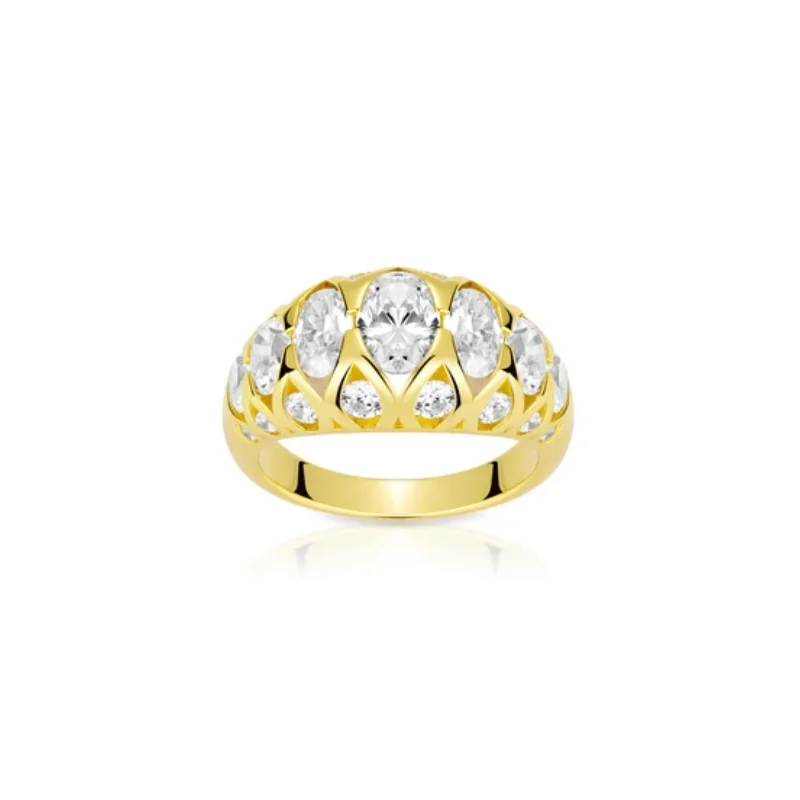 

BELLUX 925 Sterling Silver Gold Plated Synthetic Zirconia Oval White Full Diamond Cocktail Ring Vintage Ring for Women