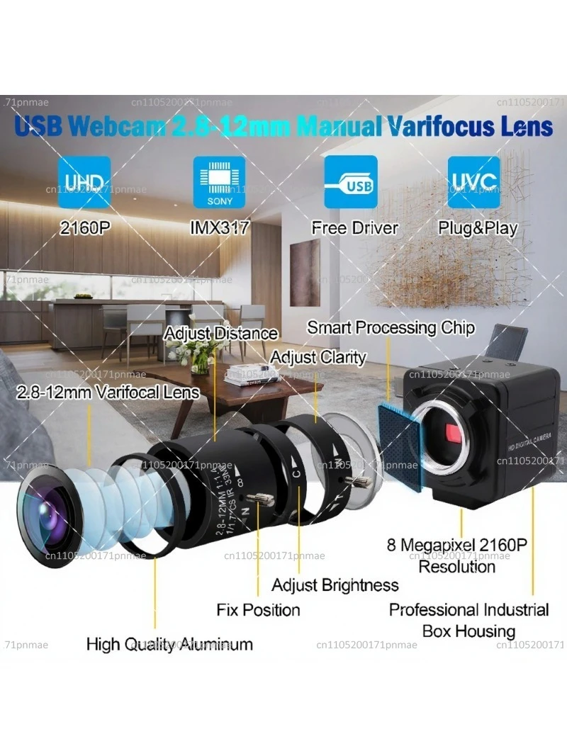 4K USB Webcam with Manual Zoom Lens IMX317 Sensor Industrial Machine Vision Camera for Computer Video Calling