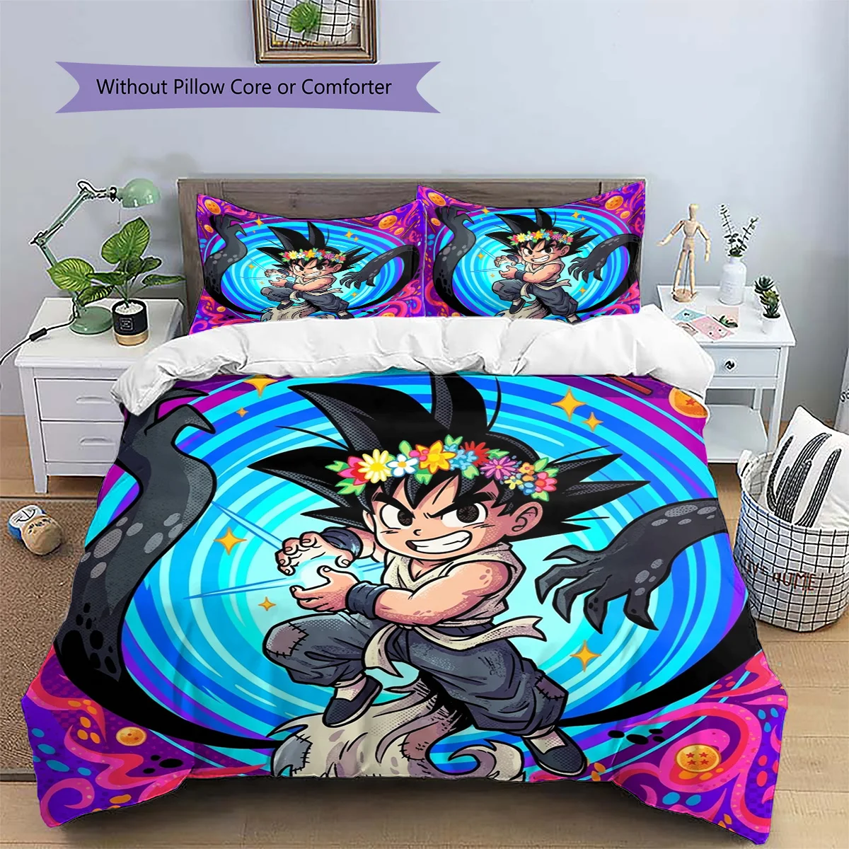 Dragon Ball Goku Patterned Pillowcase & Duvet Cover Set Themed Anime Bedding Bedroom Interior Decor Fan Gift Choice.-TING