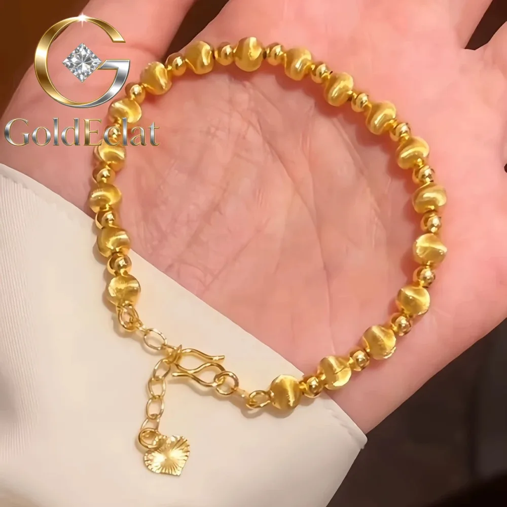 

GoldEclat Luxury 24K 9999 Pure Gold real gold Women's Cat's Eye Brushed Transfer Beads Bracelet