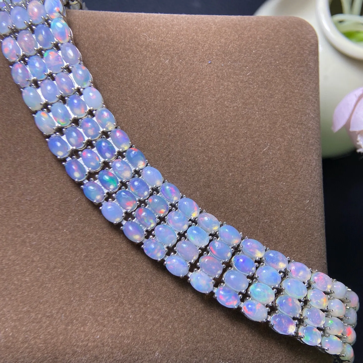 S925 Sterling Silver Natural White Opal Bracelet,4*6mm Clean Crystal Full Fire‑Play Gemstone, Luxury Jewelry Gift for Women