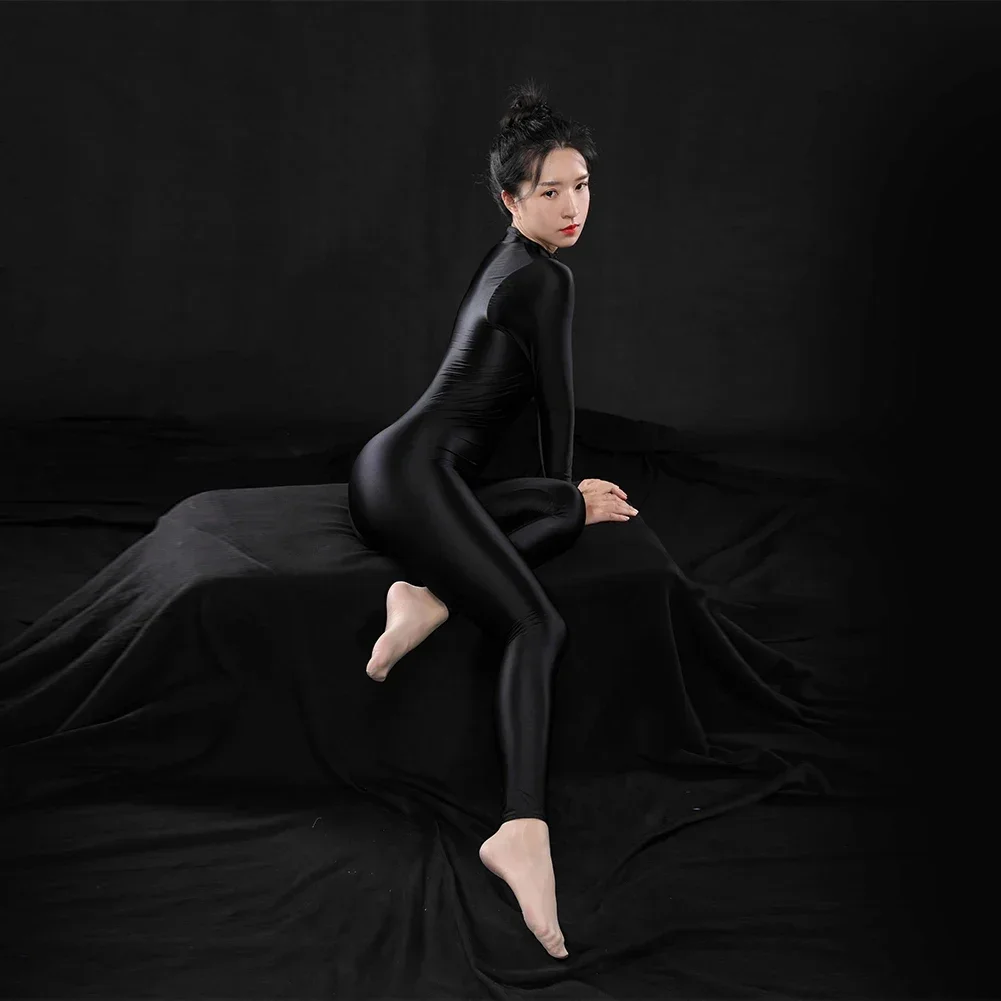 Womens Bodysuit Women's Sexy Long Sleeve Glossy Bodysuit Bodystocking Zip up Tights Jumpsuit Sleepwear Nightwear