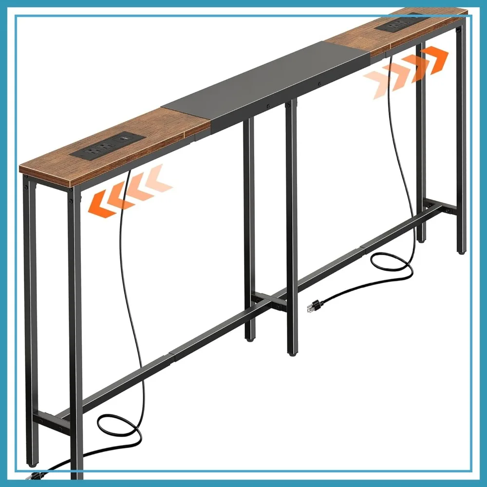 

Adjustable Narrow Sofa Table with 2 Outlets & USB-C, 63-86.6" Long Entryway Console, Rustic Brown