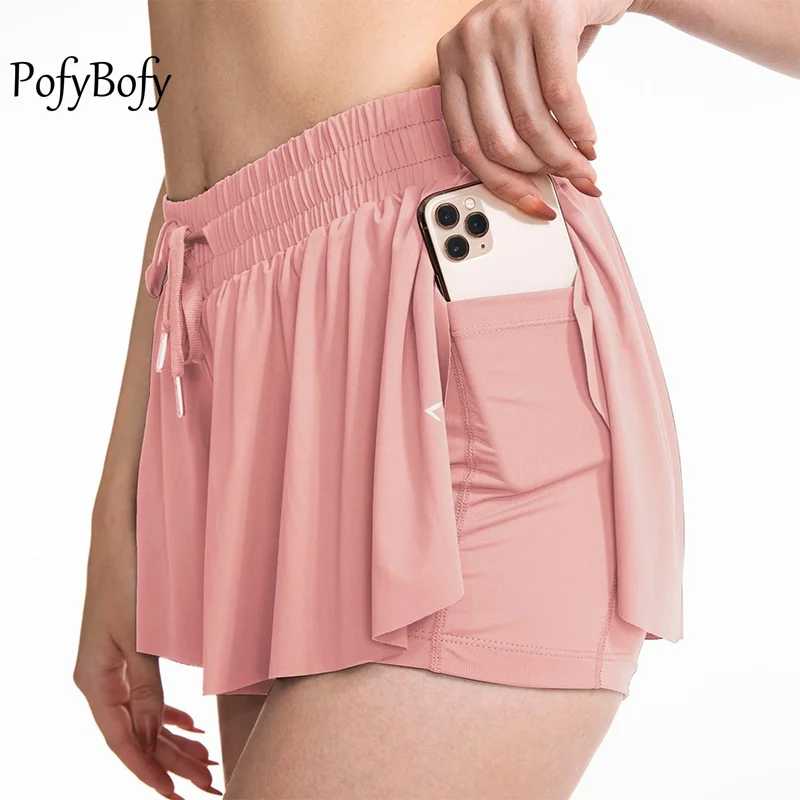 PofyBofy Adjustable Drawstring Side Pocket Elastic Flowy Skirt Short Yoga Fitness Workout Casual Women‘s Comfy Summer Sportwear