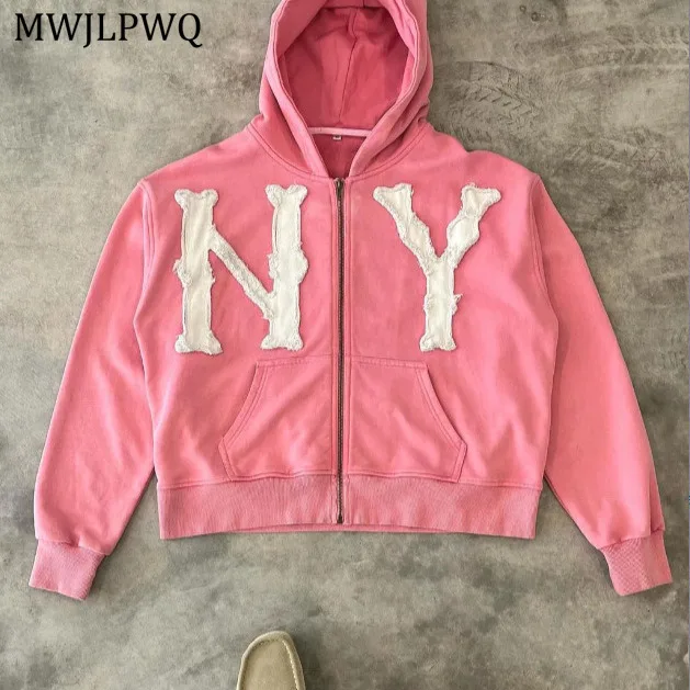 

MWJLPWQ 2025 Autumn Winter New Embroidered Design Hooded Sweatshirt High Street Zipper Loose Unisex Trendy Cardigan Jacket 11031