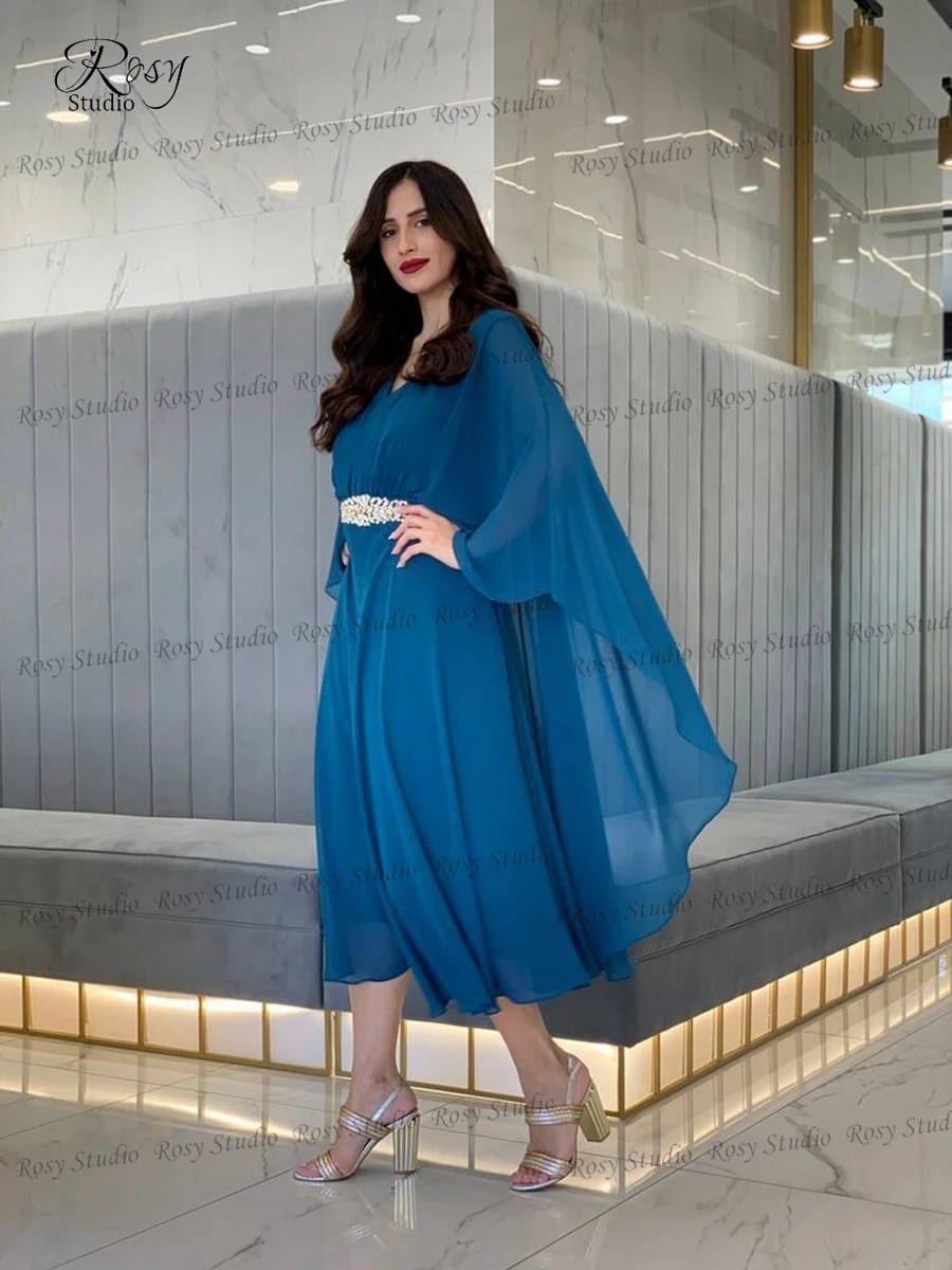 Vestido de noche azul con cuello en V para madre de la novia, vestido de fiesta de gasa de línea a para mamá, vestido de noche de talla grande con cinturón