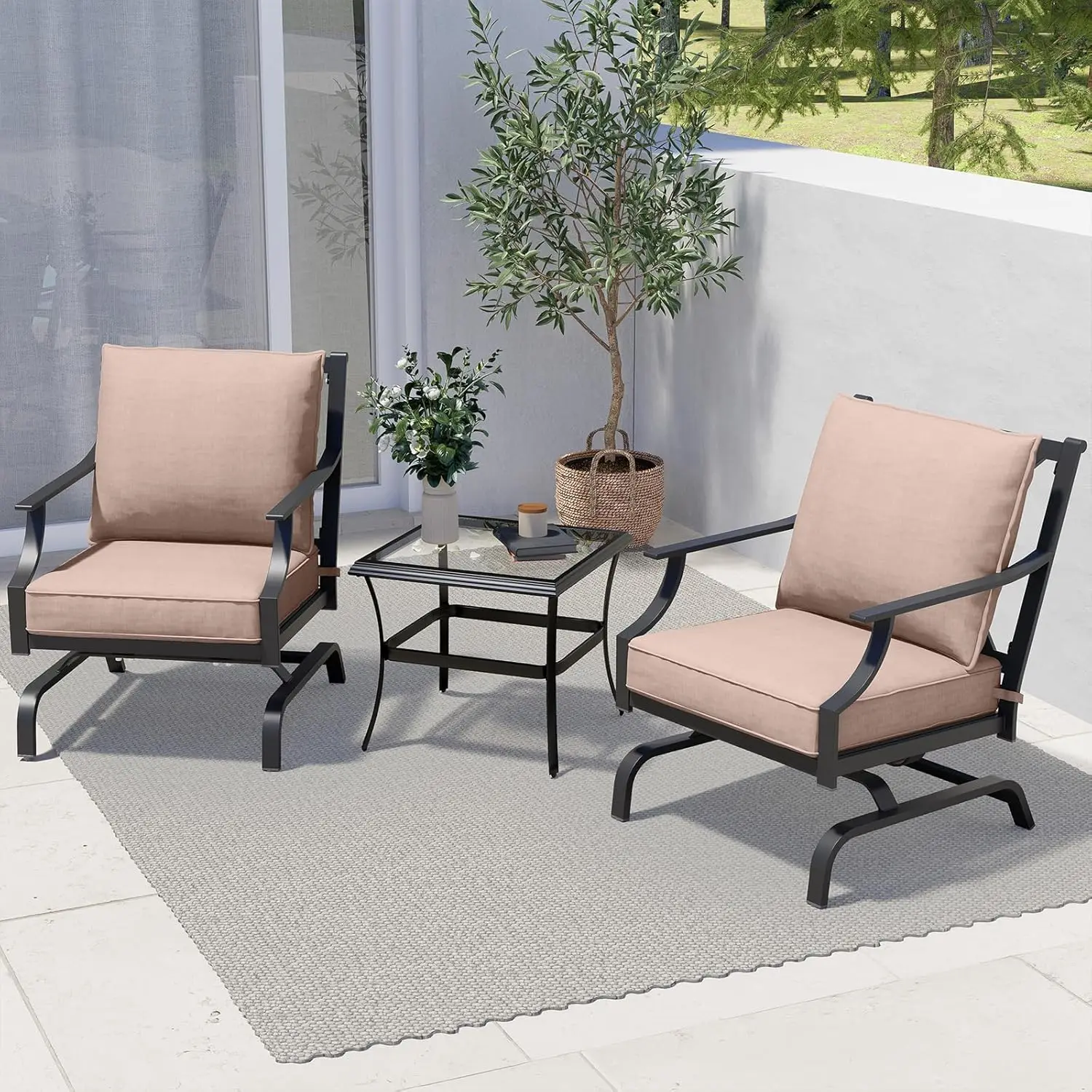 Outdoor Patio Seating 3 Piece Patio Set 2 Motion Chairs with Side Table Beige Item Depth	{chairs=29.25 inches table=24 inches}