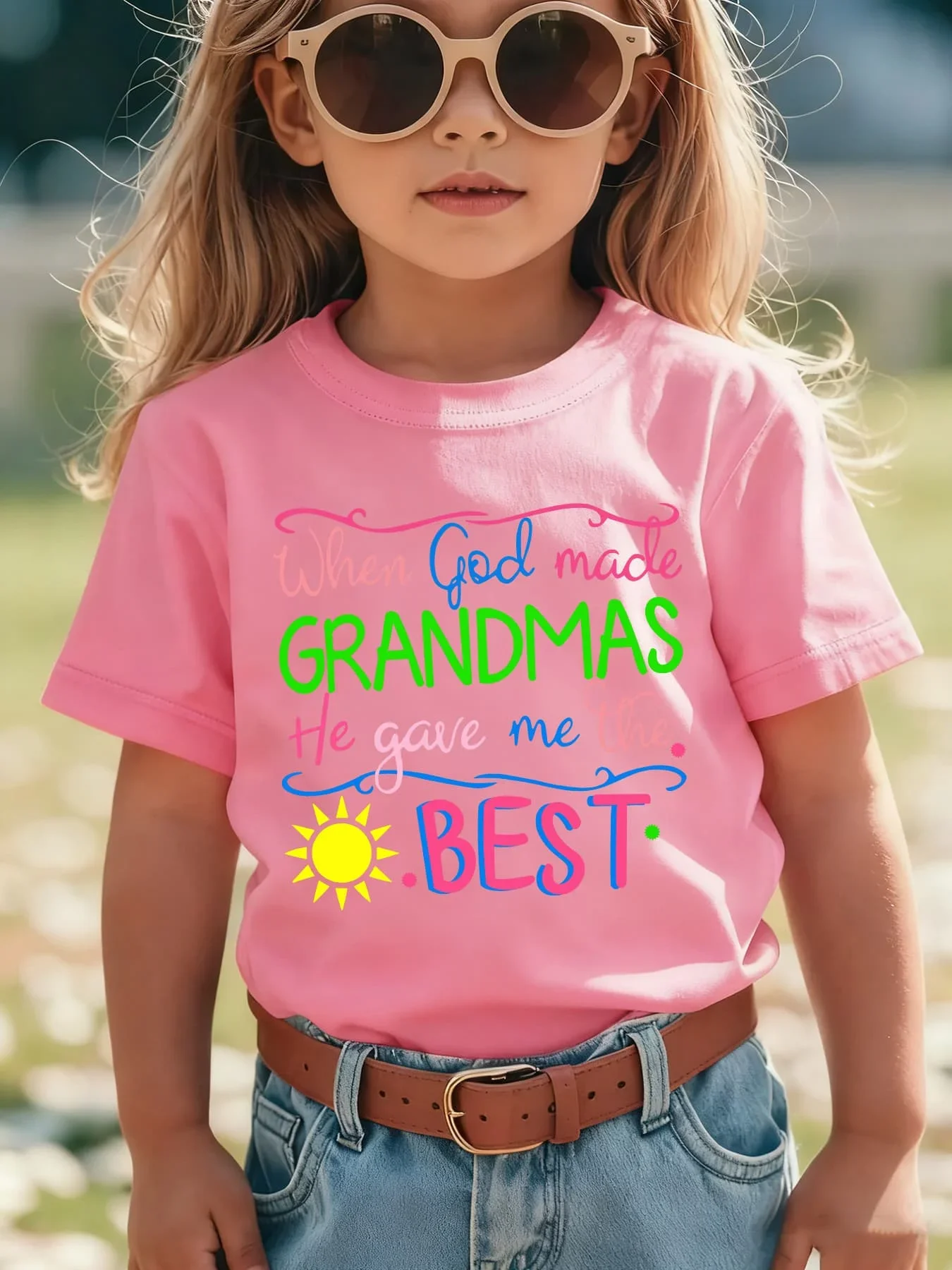 Girls Lovely When God Made Grandmas Multicolor Text T Shirt Kids Sun Element Short Sleeve Tops