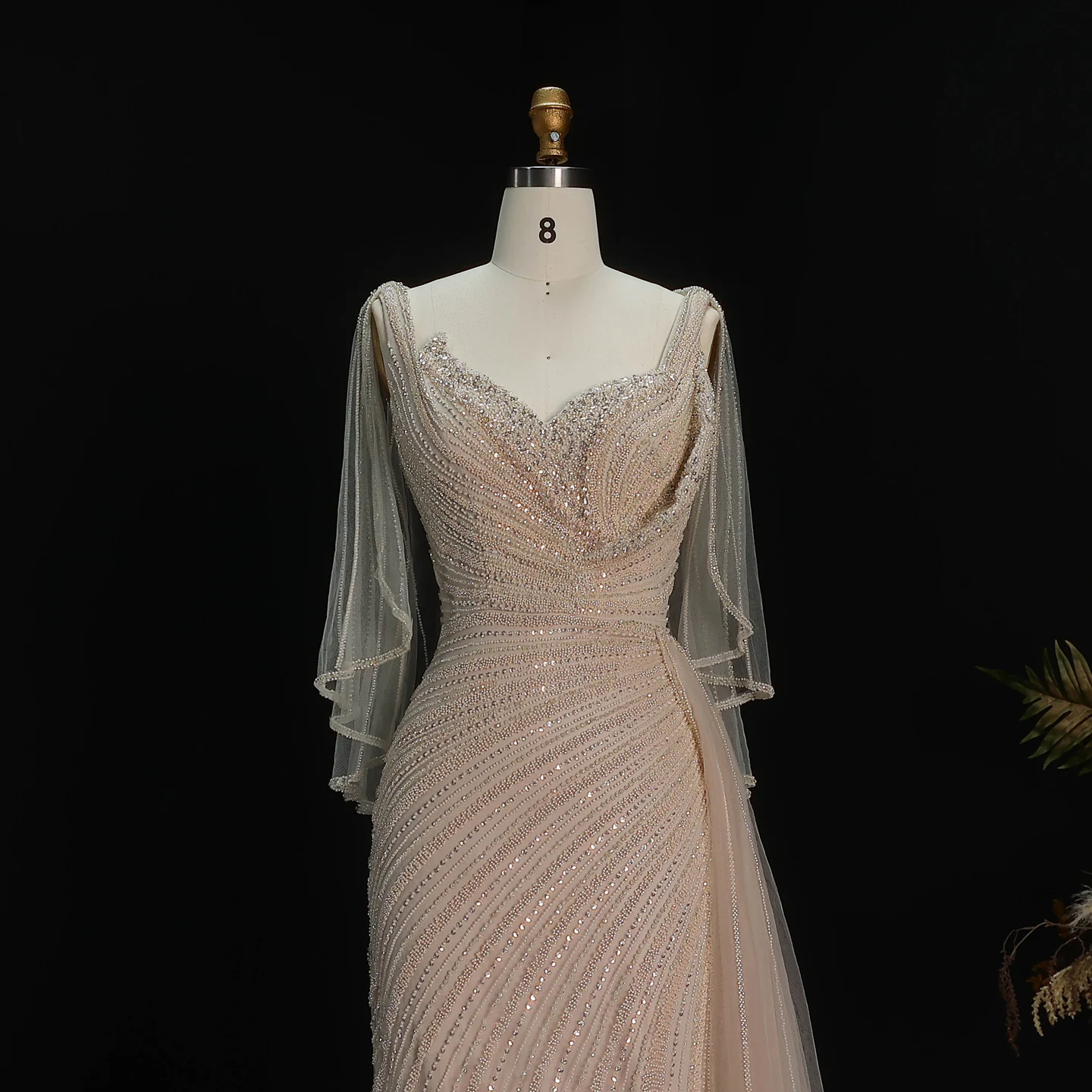 Sharon Said Luxuriöses Schwarzes Abendkleid, Lang, Perlenbesetzt, V-Ausschnitt, Cape-Ärmel, Elegante Ballkleider, Hochzeitsfeier, Damen, SS063, Maßanfertigung – Detail 18