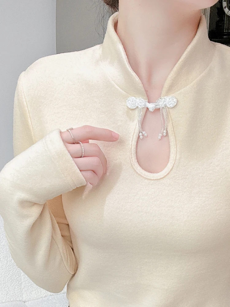 

New Chinese Sle Buttoned Collar Velvet Base irt Women's Autumn Winter Warm Inner Double Sided Brued National ...