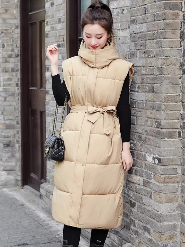 Warm Elegance Coats Winter Women Korean Lace-Up Sleeveless Puffer Jacket Down Cotton Long Waistcoat Women Vest Jackets