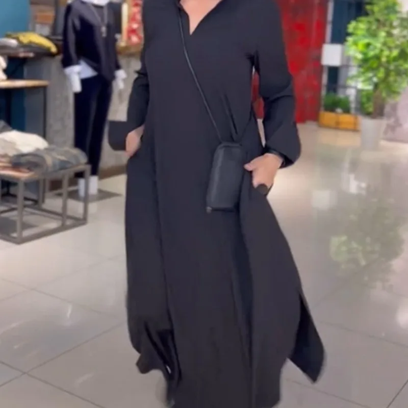 

Autumn Winter Women's Solid Color Long Sleeved Fashionable Loose Long Sleeved Sexy V-neck Pocket Long Dress Vestidos Para Mujer
