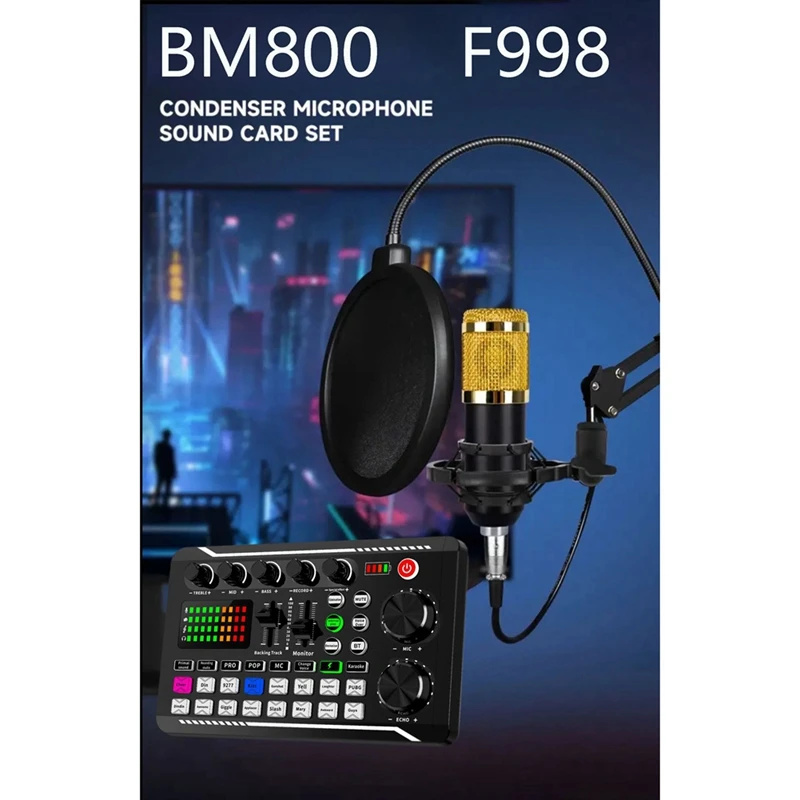 F998 Sound Card And BM800 Microphone Kit Mic Sound Mixer Sound Card Audio Mixing Console Amplifier For Singing PC Phone