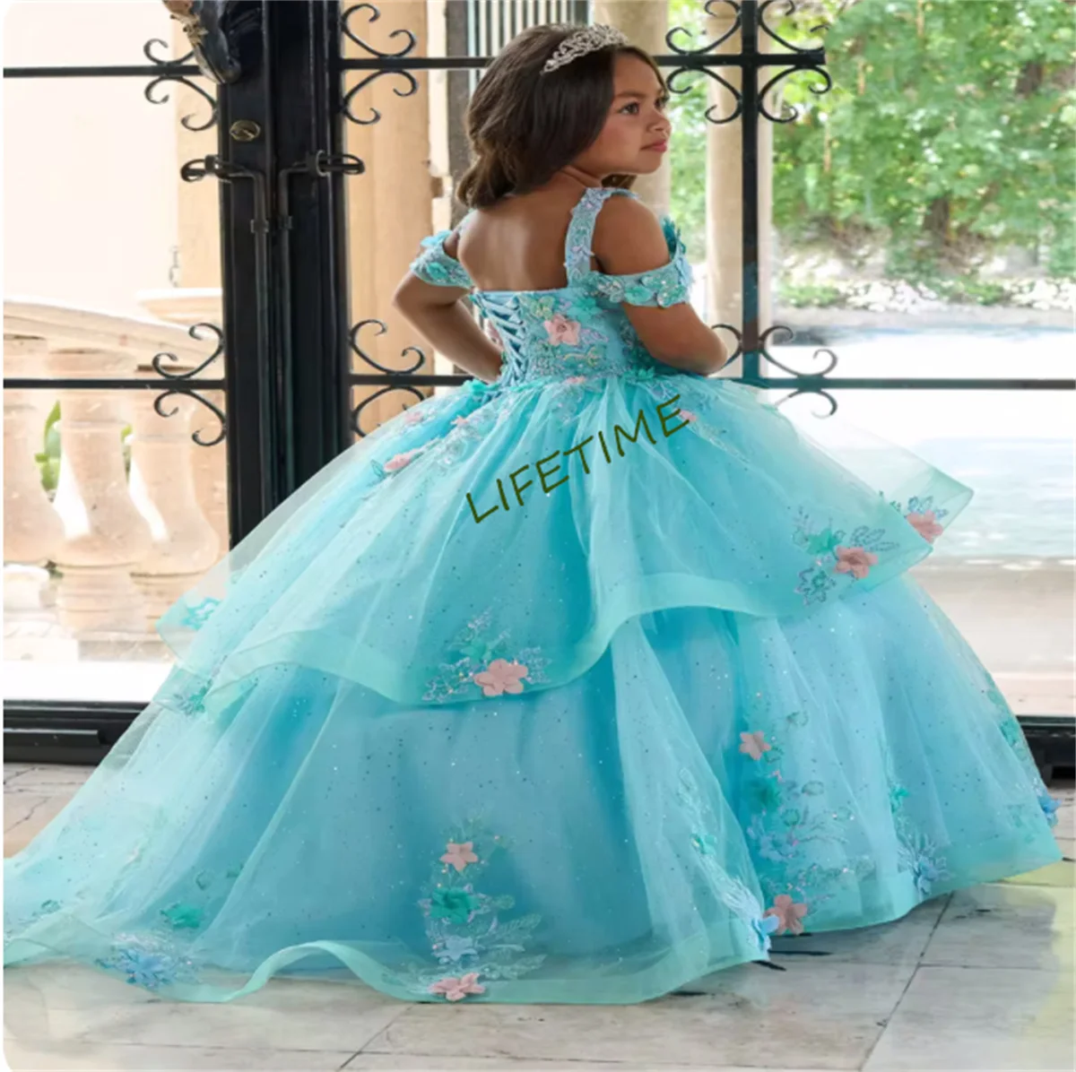 Lilás-vestido de florista longo, em camadas, Floral 3D, Off-the-ombro, Primeira Comunhão, Aniversário, Formatura, Personalizado, Damas de honra