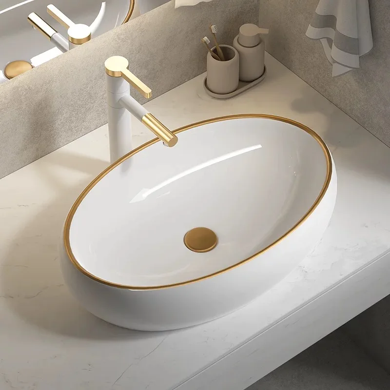 Modern Style Oval Shape Ceramic Top Mount Basin Hotel Sanitary Installation Counter For Bathroom Sinks