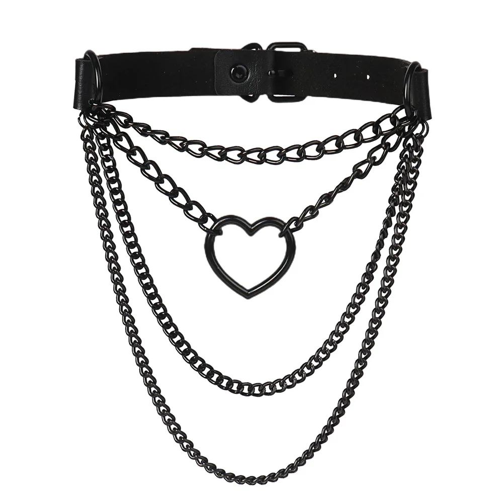 Harajuku Punk Rock and roll Sex appeal Multilayer Black Chain Choker Pendant Cortex Love-heart shape Neckchain Collarbone chain