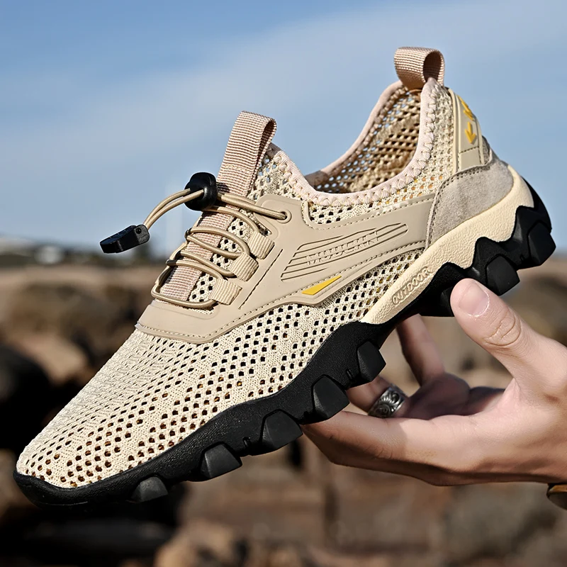 New Outdoor Breathable Mesh Shoes Men Non-slip Hard-wearing Wading Shoes Big Size 46 Summer Hiking Footwear Fashion Black Khaki