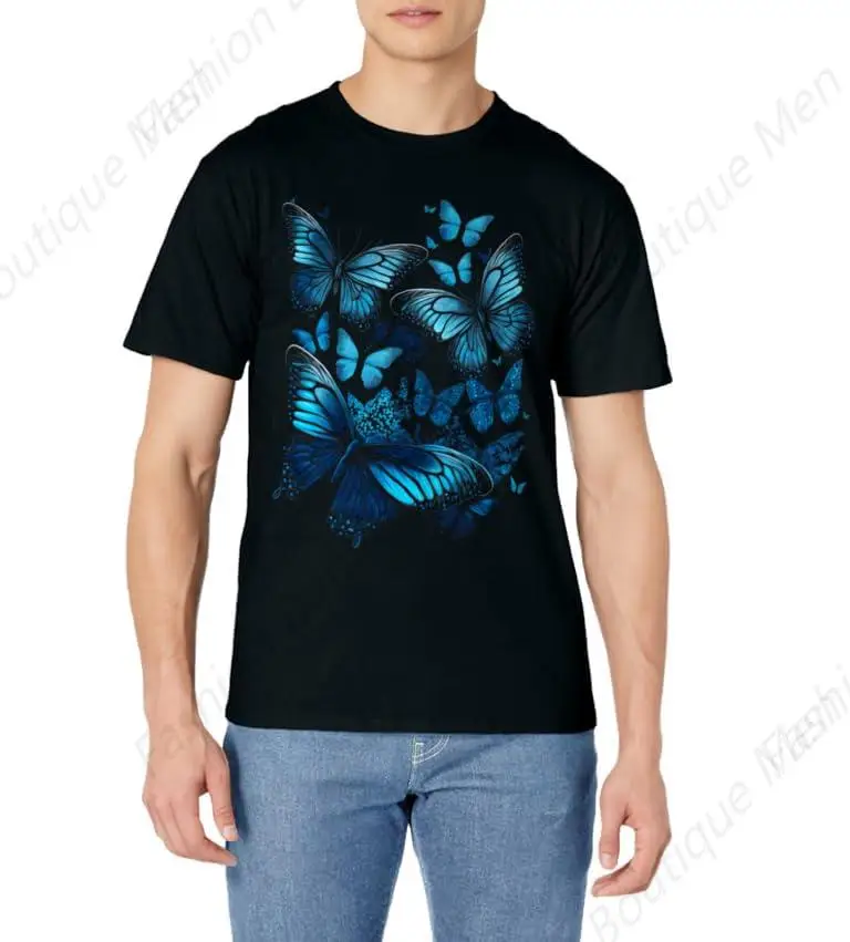 Retro Blue Butterfly Printed Beautiful T-Shirt Men Women Couples Aesthetic Pursuit Gift Cotton Tees Tops