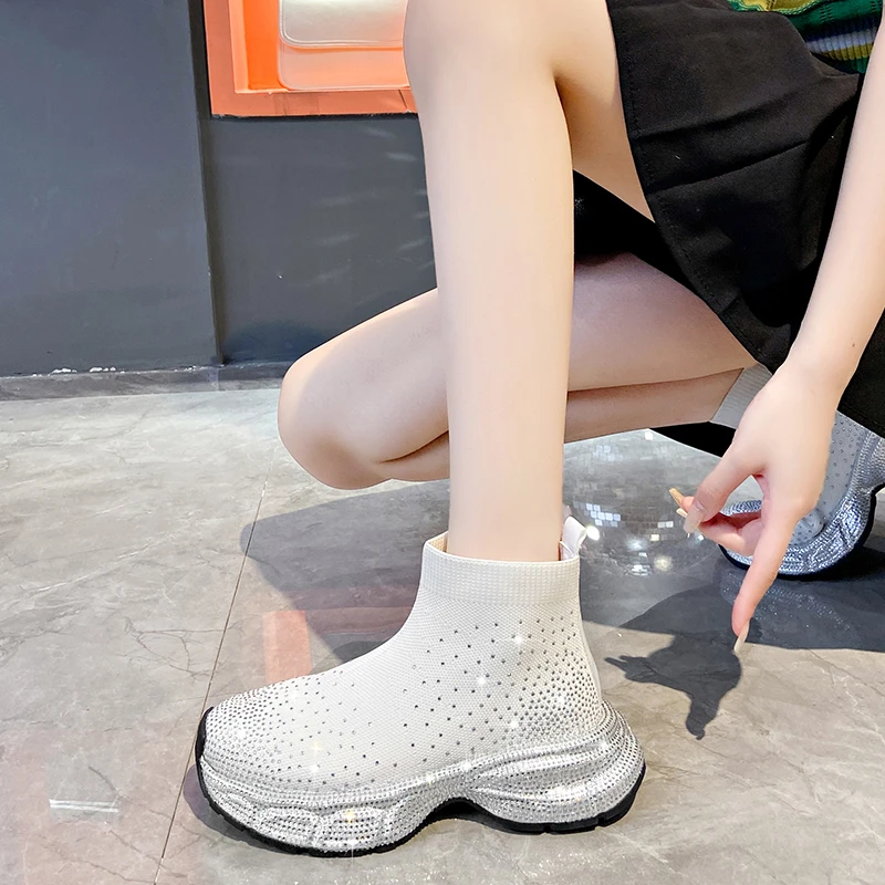 New 8CM Stretch Knitted Booties Fabric Sock Platform Wedge Ankle Slip on Spring Autumn Women Fashion Rhinestone Bling Shoes