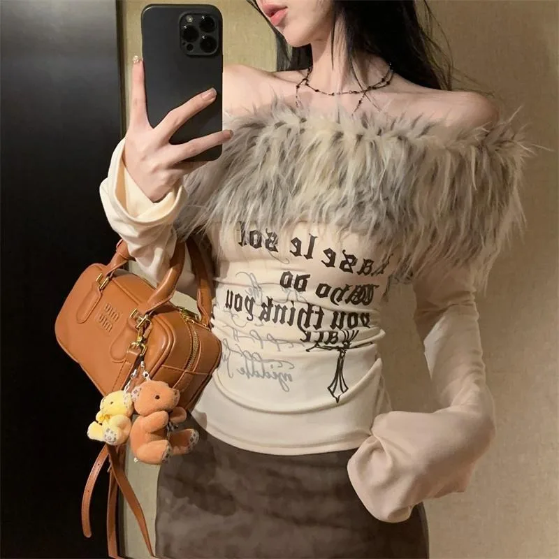 Furry T Shirt Women Korean Style Fake Fur Collar Off Shoulder Slash Neck Tops Fashion Coquette Tee New 2000s Y2k Fashion Tshirt