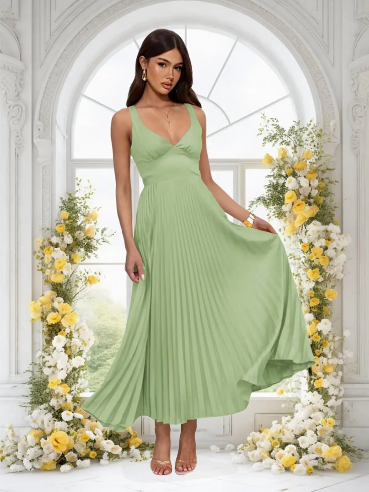 

Плиссированное атласное платье подружки невесты с v-образным вырезом и открытой спиной, макси-платья для женщин