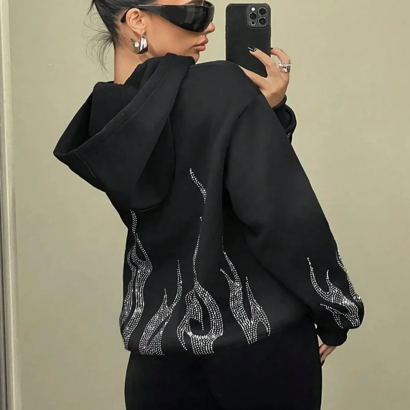 Flamme Muster Strass Mode Lässig Hoodies Gothic High Street Schwarz Vintage Trend Frauen Lange Sleeve Zipper Strickjacke Mantel