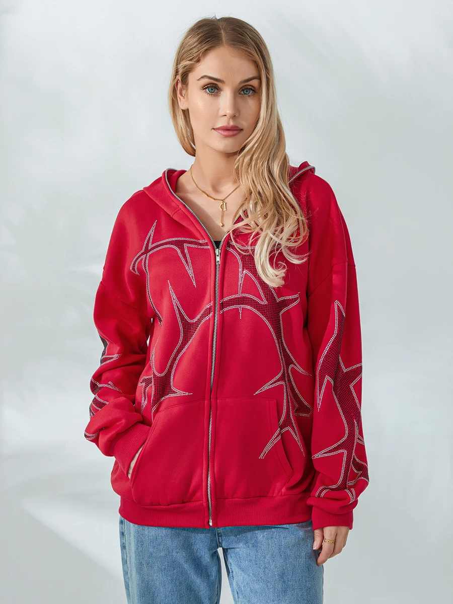 เสื้อสเวตเชิ้ตมีฮู้ดขนาดใหญ่สำหรับผู้หญิงพร้อมดีไซน์ลายพิมพ์ที่เป็นเอกลักษณ์และซิปปิดที่สะดวกสบาย เสื้อแจ็คเก็ตแขนยาวแสนสบายพร้อม