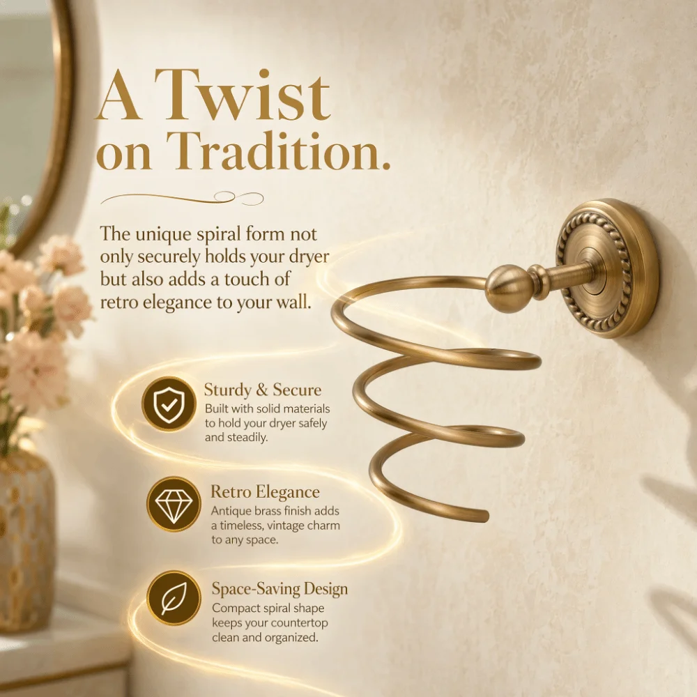 Copper Stainless Steel Hair Dryer Holder Antique Brass Wall Mounted Blow Dryer Holder Spiral Design Space Saving