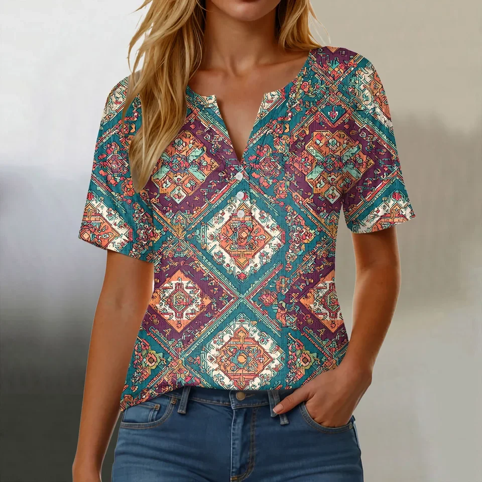 Summer Boho T-Shirts For Women Trendy Retro Printed Short Sleeves Tunic Tops Female Casual Button Down V Neck Tee Shirts