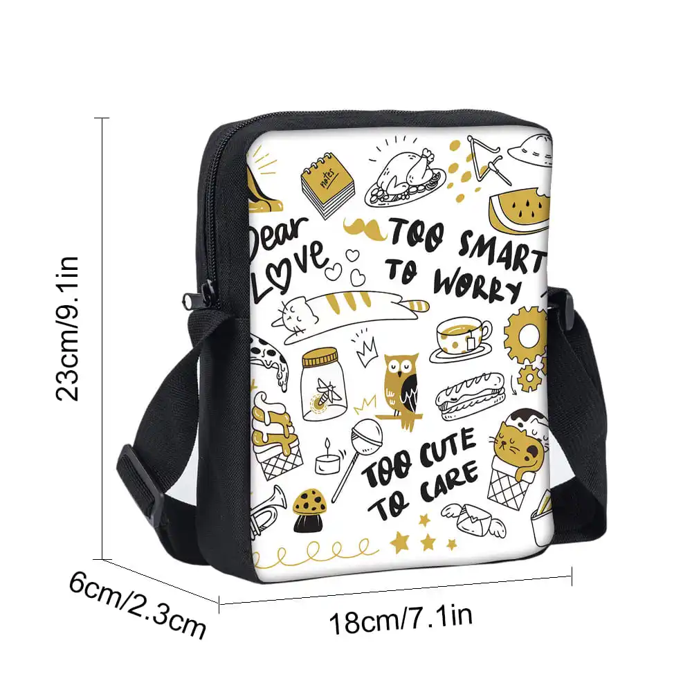 Owl Cat Bee Pattern Single Sided Messenger Bag for Boy/Girls Children Best Gifts 2D Cartoon Casual Crossbody Bag