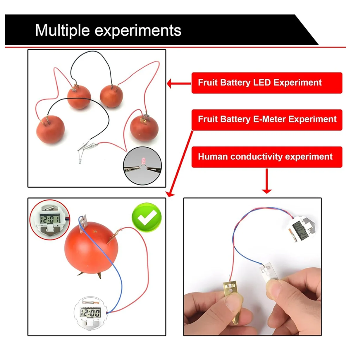 電子時計とRGB LEDを備えた科学実験キット,フルーツバッテリー,家庭でのDIY教育玩具