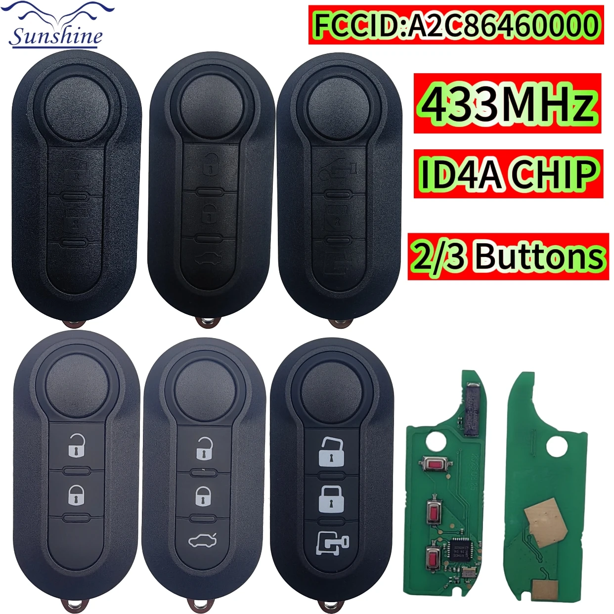 

Sunshine CN017041 Flip key PN A2C86460000 4A chip 433.92mhz For Fiat STRADA MOBI UNO FIORINO E MAIS 3 button Car Remote