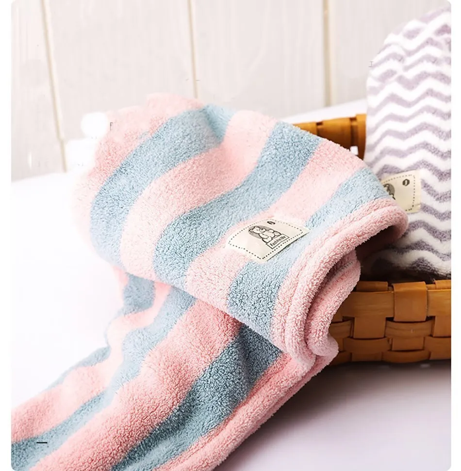 Microfiber Hair Towel Wrap for Women Stripe Towels Adult Bathroom Bath Absorbent Towel Hair Drying Towel Long Curly Dry Hair Cap