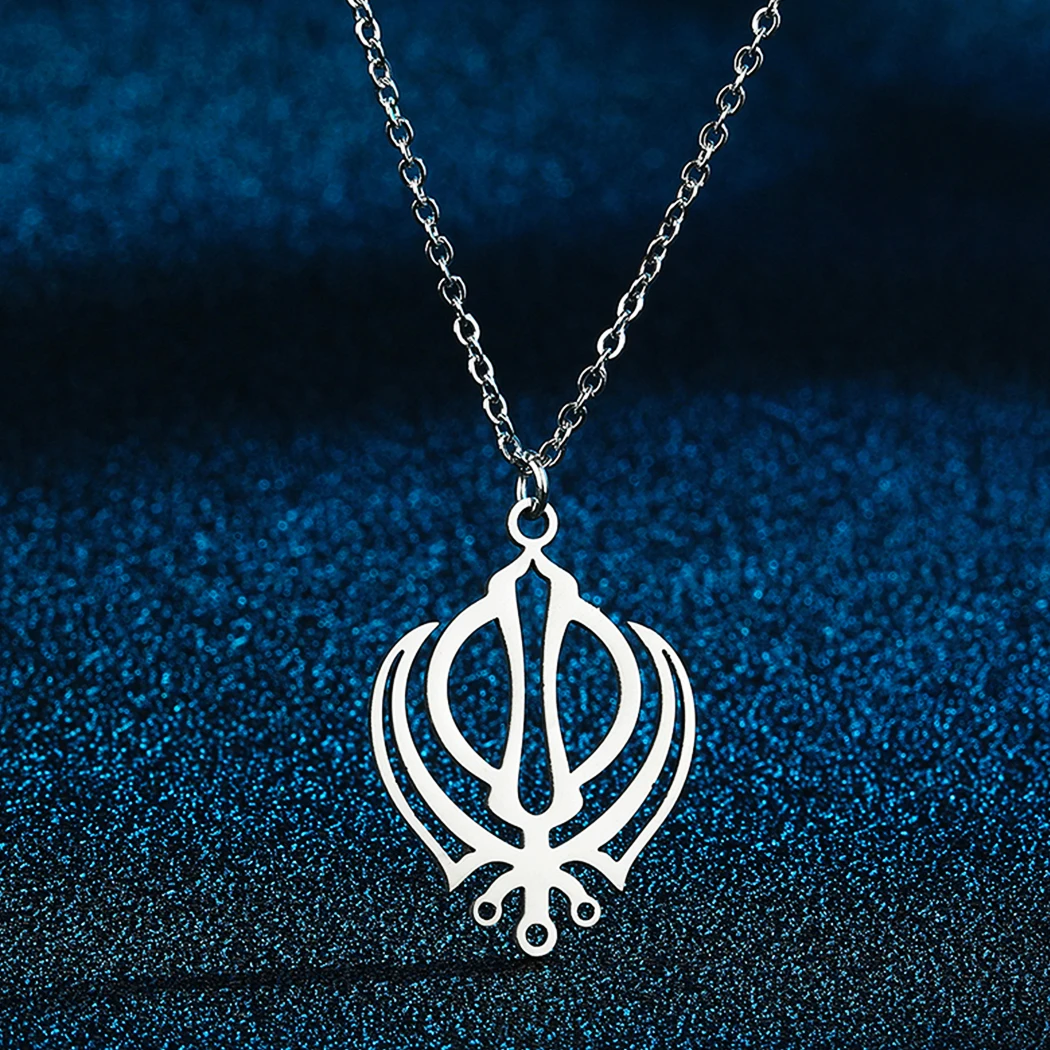 Dainty Khanda Pendant Necklace for Women Girls Stainless Steel Hollow Geometric Flower Charm Neck Chain Amulet Jewelry Collar