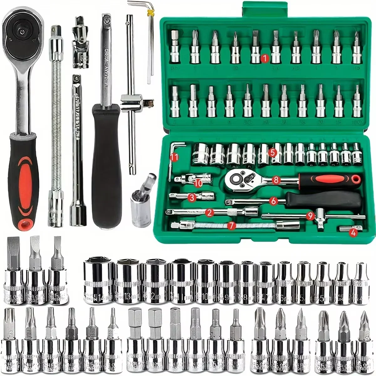 46pc Drive Socket Set 1/4 inch Ratchet Wrench Set with Sockets Metric Hex Bit Socket Set Mechanic Tool Kits for Auto Repairing
