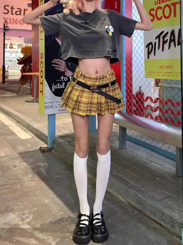 

Весенняя женская юбка с высокой талией, желтая в клетку, А-силуэт, ретро, средней длины, двухцветная, с молнией, в корейском стиле
