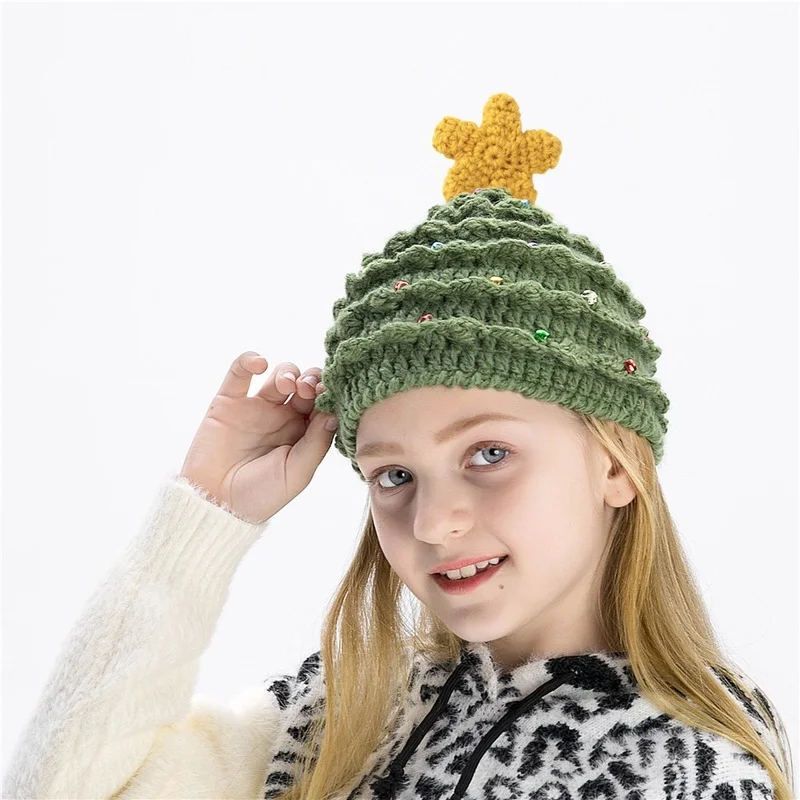 Sombrero de lana de estrella de árbol de Navidad hecho a mano para niños, gorro cálido para vacaciones, regalo, Otoño e Invierno