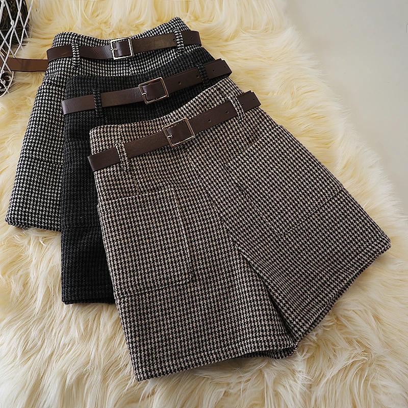 Houndstooth woolen shorts women\'s autumn and winter new high waist retro slim boots pantslarge size woolen pocket wide leg pants