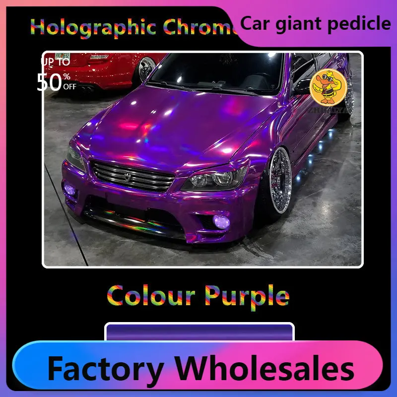 

1.52X18M Stretchable Purple Holographic Chrome vinyl Wrap Self-Adhesive Film Decal Air-Release Bubble Free DIY Car Wrapping Roll