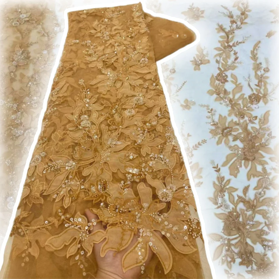 

Nigerian Bridal High Quality African Lace Fabric Sequins Beaded Embroidery Groom French Tulle Lace Fabric For Wedding 5Y CC1488