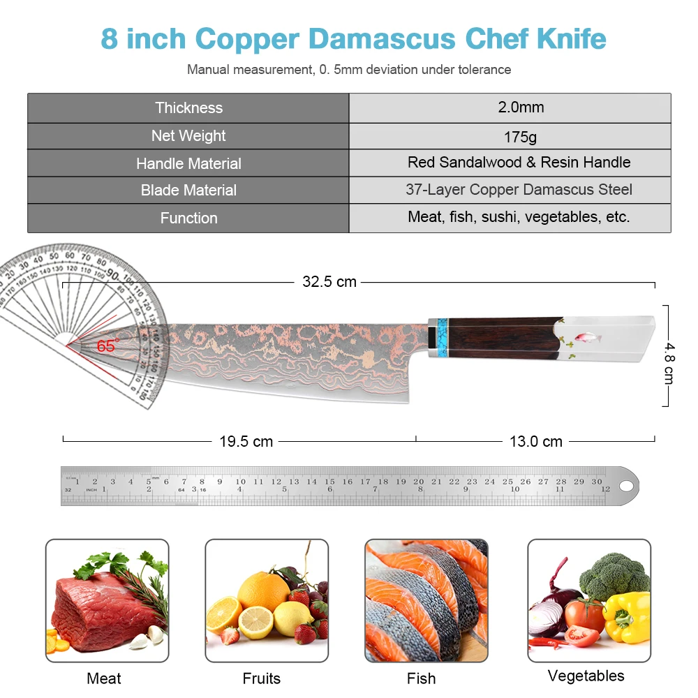 XITUO Copper Damascus Chef Knife 8 inch, Japanese Kitchen Knives Copper & Damascus Steel 33 Layer Hand Forged Utility Knife
